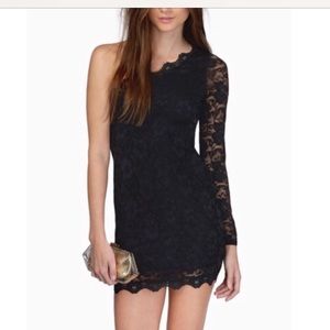 Tobi One shoulder black floral lace mini dress